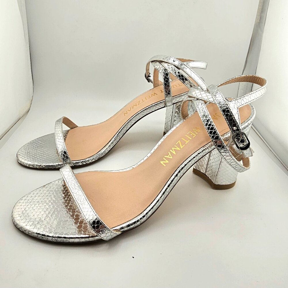 Stuart Weitzman Metallic Snakeskin Block Heel Sandal Size 9.5 Silver Ankle Wrap - Picture 7 of 11